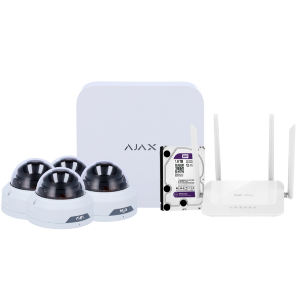 Kit 4 Cámaras  Uniview 2MP IP  con Grabador NVR  8 canales AJAX y router 4 puertos I AJ-NVRKIT108T-2W